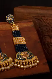 Blue Brass Long Hanging Earrings with Meenakari Beaded Wedding