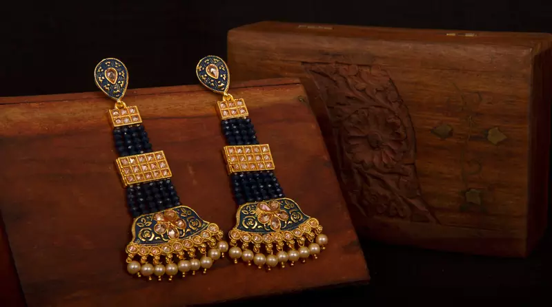 Blue Brass Long Hanging Earrings with Meenakari Beaded Wedding