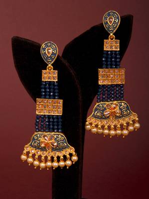Blue Brass Long Hanging Earrings with Meenakari Beaded Wedding 2