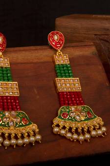 Multicolor Brass Long Hanging Earrings with Meenakari Beaded Wedding