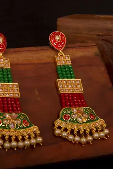 Multicolor Brass Long Hanging Earrings with Meenakari Beaded Wedding