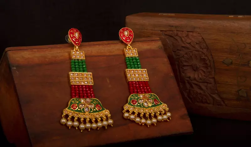 Multicolor Brass Long Hanging Earrings with Meenakari Beaded Wedding