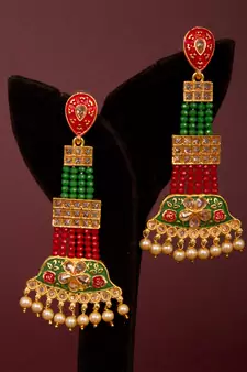 Multicolor Brass Long Hanging Earrings with Meenakari Beaded Wedding