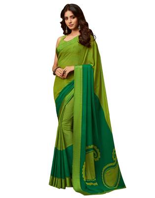 Green printed chiffon saree with blouse 1