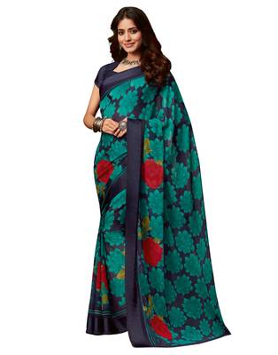 Navy blue printed chiffon saree with blouse 1