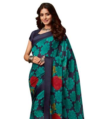 Navy blue printed chiffon saree with blouse 2