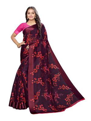 Purple printed cotton silk saree with blouse 1