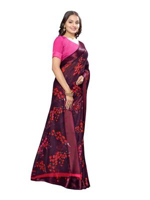 Purple printed cotton silk saree with blouse 2