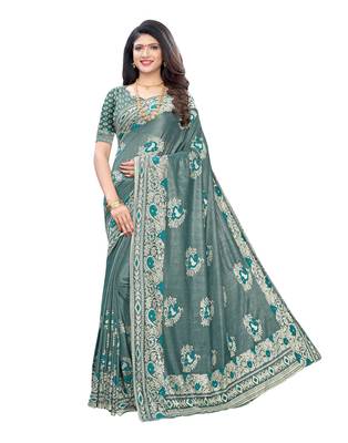 Teal woven lycra saree with blouse 1