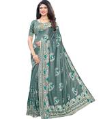 Teal woven lycra saree with blouse