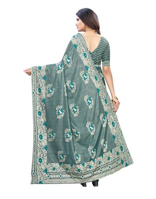 Teal woven lycra saree with blouse 3