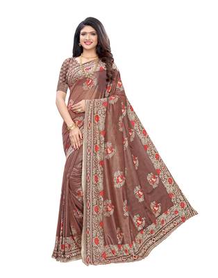 Brown woven lycra saree with blouse 1