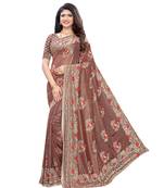 Brown woven lycra saree with blouse
