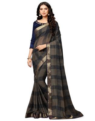 Brown printed chiffon saree with blouse 1