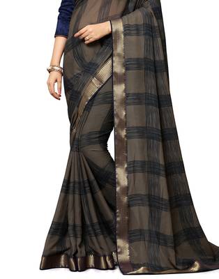 Brown printed chiffon saree with blouse 3