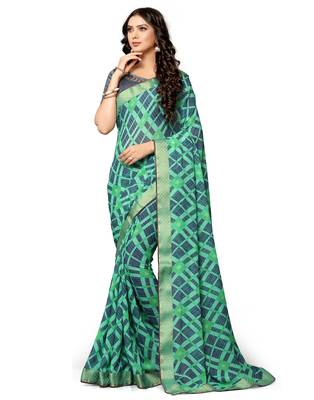 Green printed chiffon saree with blouse 1