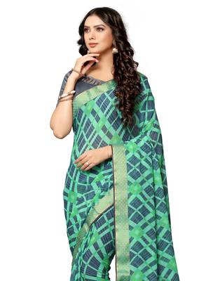 Green printed chiffon saree with blouse 2