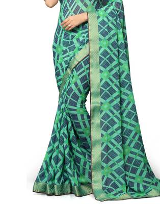 Green printed chiffon saree with blouse 3