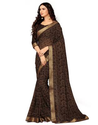Brown printed chiffon saree with blouse 1