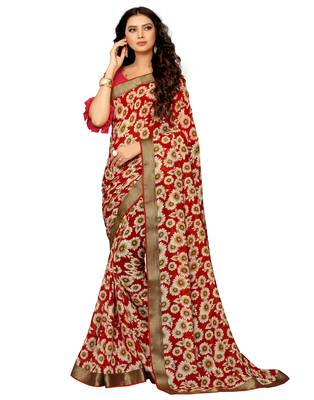 Red printed chiffon saree with blouse 1