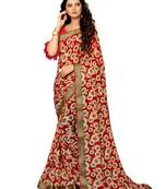 Red printed chiffon saree with blouse