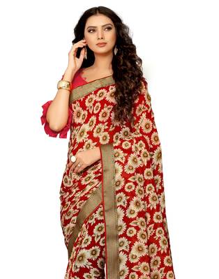 Red printed chiffon saree with blouse 2