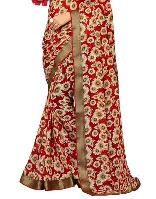 Red printed chiffon saree with blouse 3
