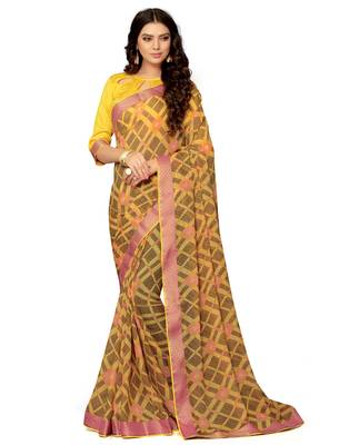 Yellow printed chiffon saree with blouse 1