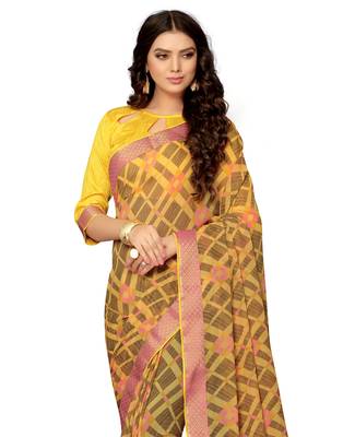 Yellow printed chiffon saree with blouse 2