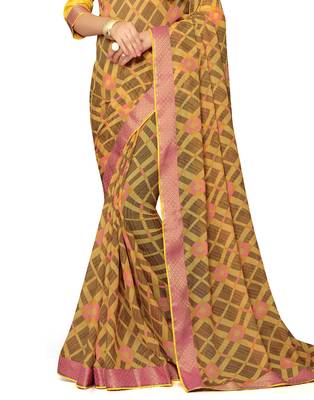 Yellow printed chiffon saree with blouse 3