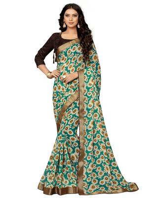 Green printed chiffon saree with blouse 1