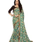 Green printed chiffon saree with blouse