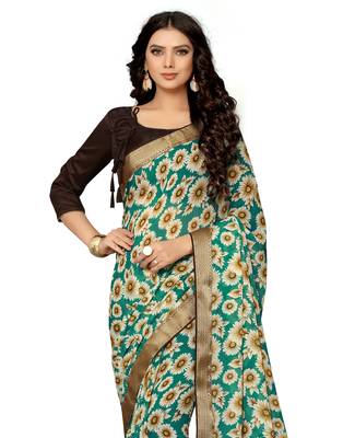 Green printed chiffon saree with blouse 2