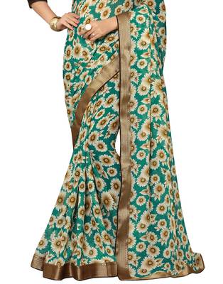 Green printed chiffon saree with blouse 3