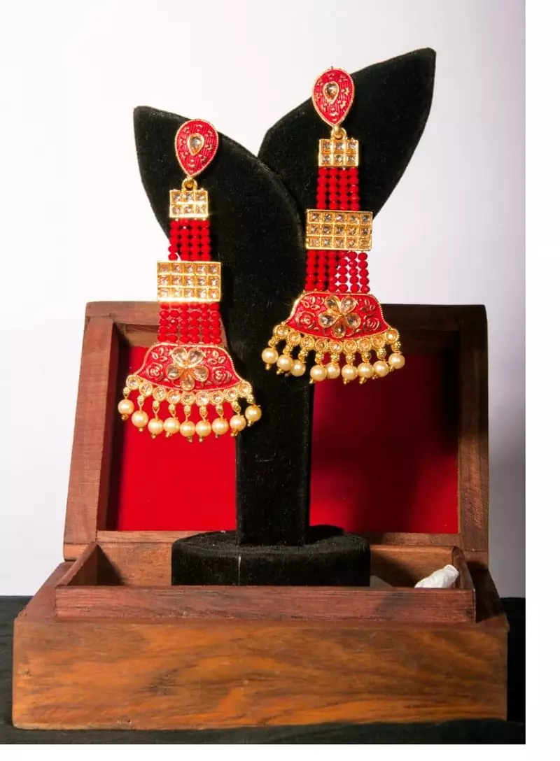 Brass Long Hanging Earrings with Meenakari Beaded Wedding