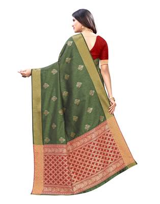 Olive woven art silk saree with blouse 3
