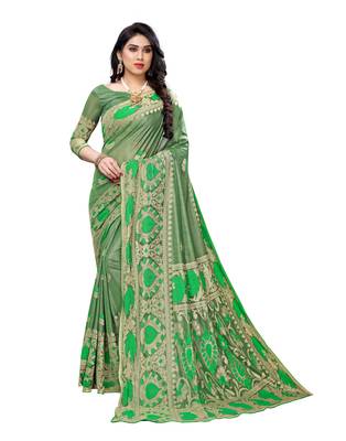 Green woven lycra saree with blouse 1