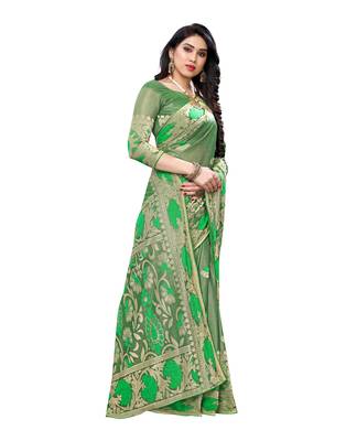 Green woven lycra saree with blouse 3