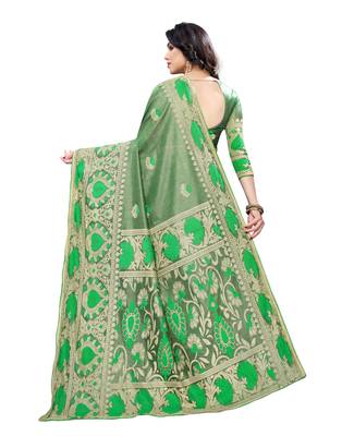 Green woven lycra saree with blouse 4