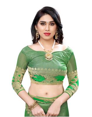 Green woven lycra saree with blouse 5
