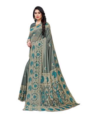 Teal woven lycra saree with blouse 2