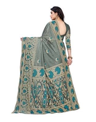 Teal woven lycra saree with blouse 4