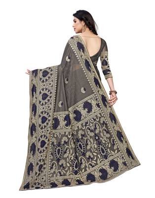 Navy blue woven lycra saree with blouse 4