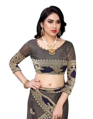 Navy blue woven lycra saree with blouse 5
