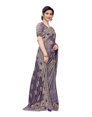 Purple woven lycra saree with blouse 3