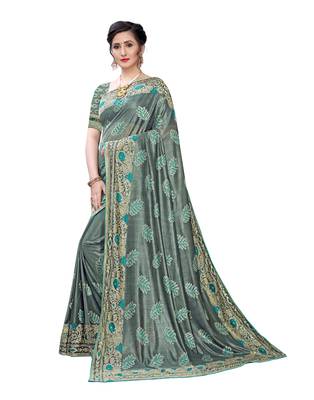 Teal woven lycra saree with blouse 2