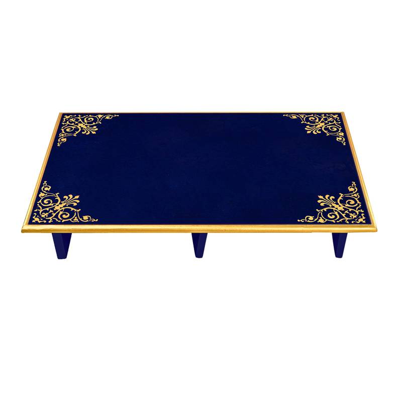 blue Diwali Christmas Decorative Hand Painted Wooden Patala Pooja Chowki 24 x 15 x 4 Inch