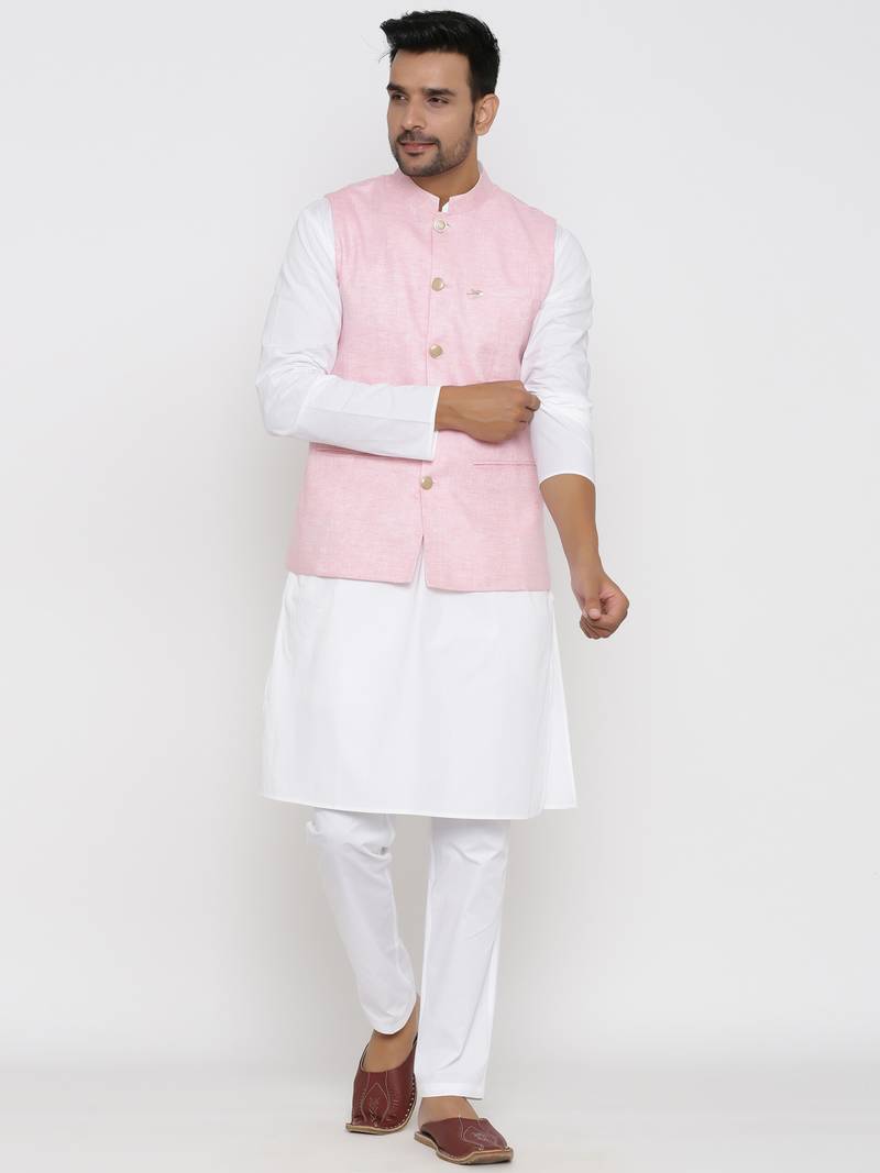 Men's  Pink Waistcoat Linen Solid Designer Nehru Jacket