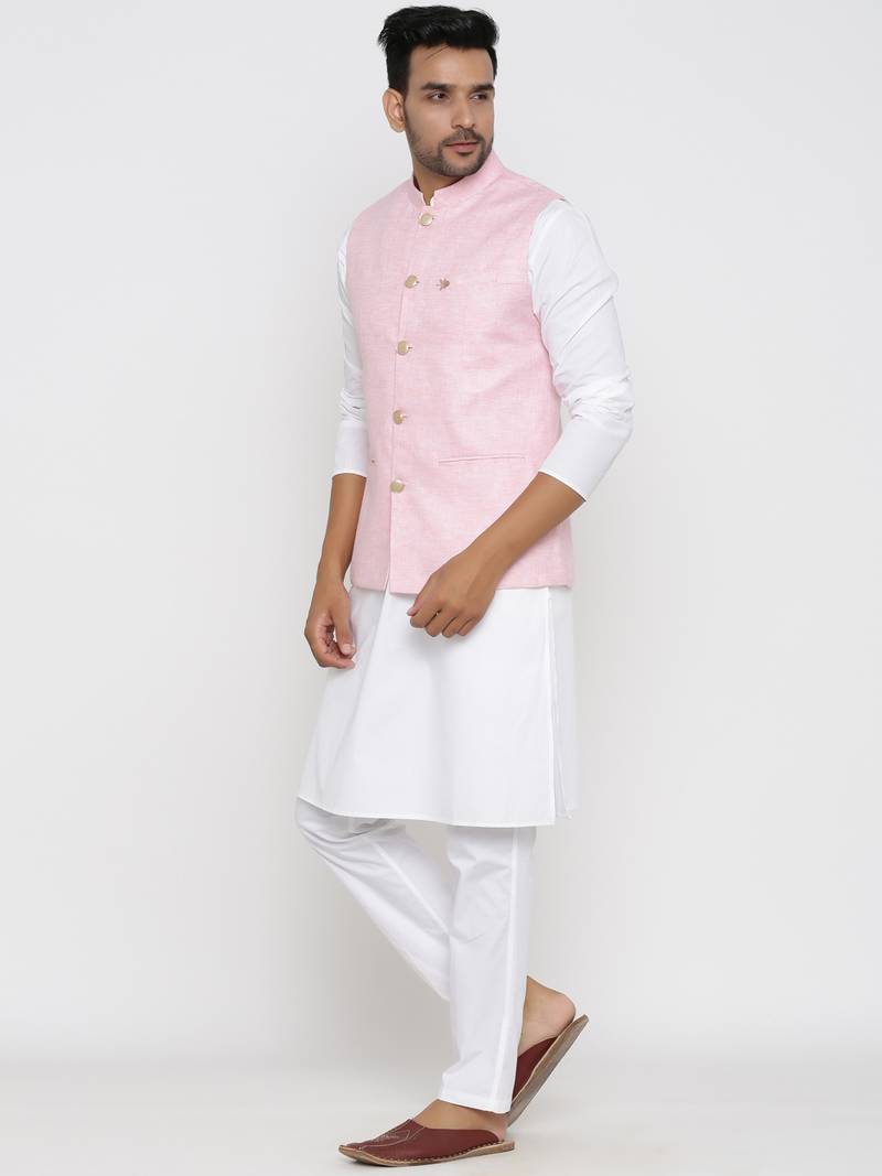 Men's  Pink Waistcoat Linen Solid Designer Nehru Jacket