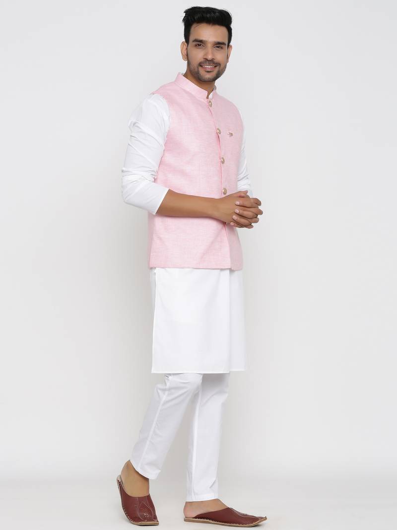Men's  Pink Waistcoat Linen Solid Designer Nehru Jacket